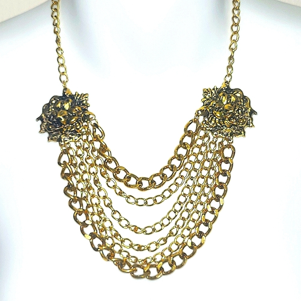 18" Necklace Golden Lion Head Medallions Double 6 strand curb chain adj